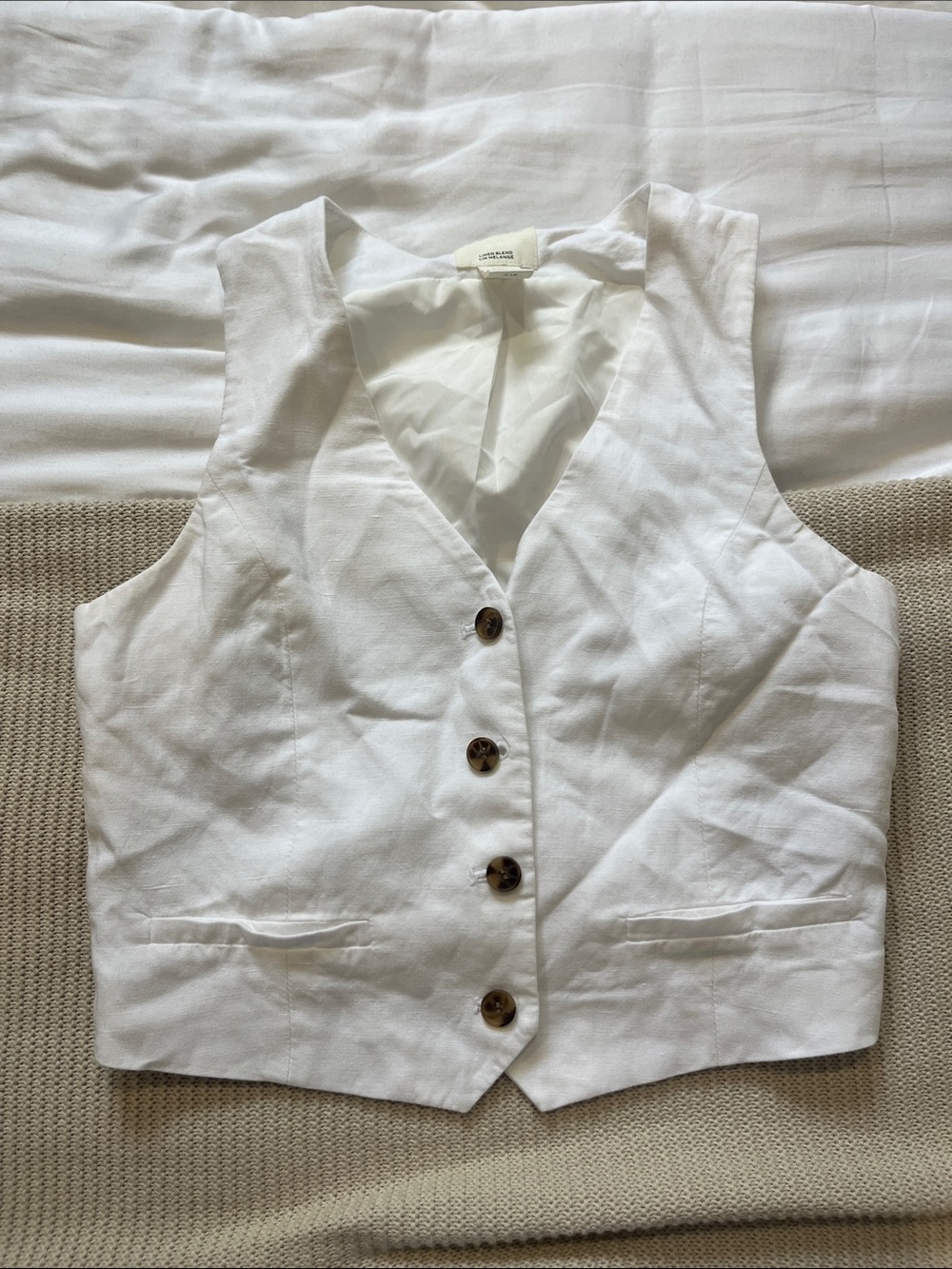 H&M White Linen Blend Button Front Vest